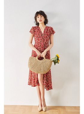 法式碎花连衣裙女红色26春夏显瘦雪纺樱桃一片式V领茶歇长裙