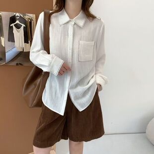 2025秋季法式设计感定位撞色刺绣亚麻衬衫通勤休闲长袖上衣