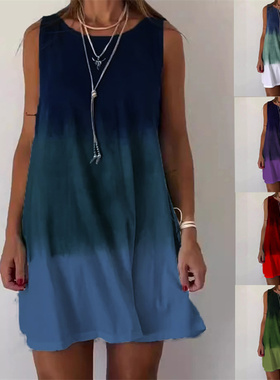 summer women dresses ladies vest skirt圆领渐变印花背心连衣裙