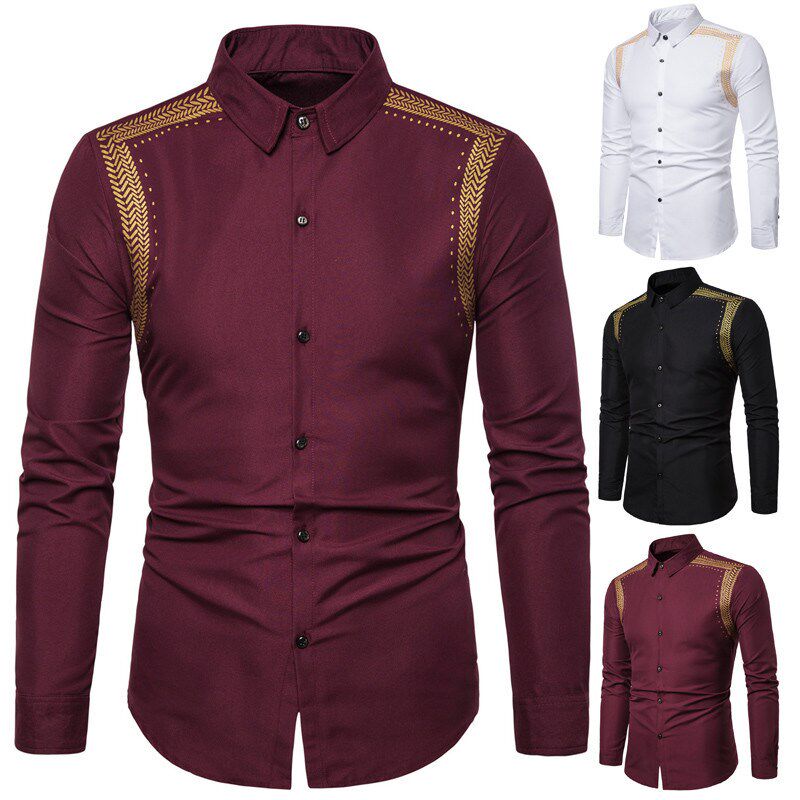 衬衫男Men Dress Shirt Long 青年花色黑色酒红色长袖白色休闲新