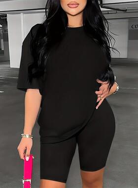 women 2 set suit casual ladies clothes女T恤紧身短裤两件套装