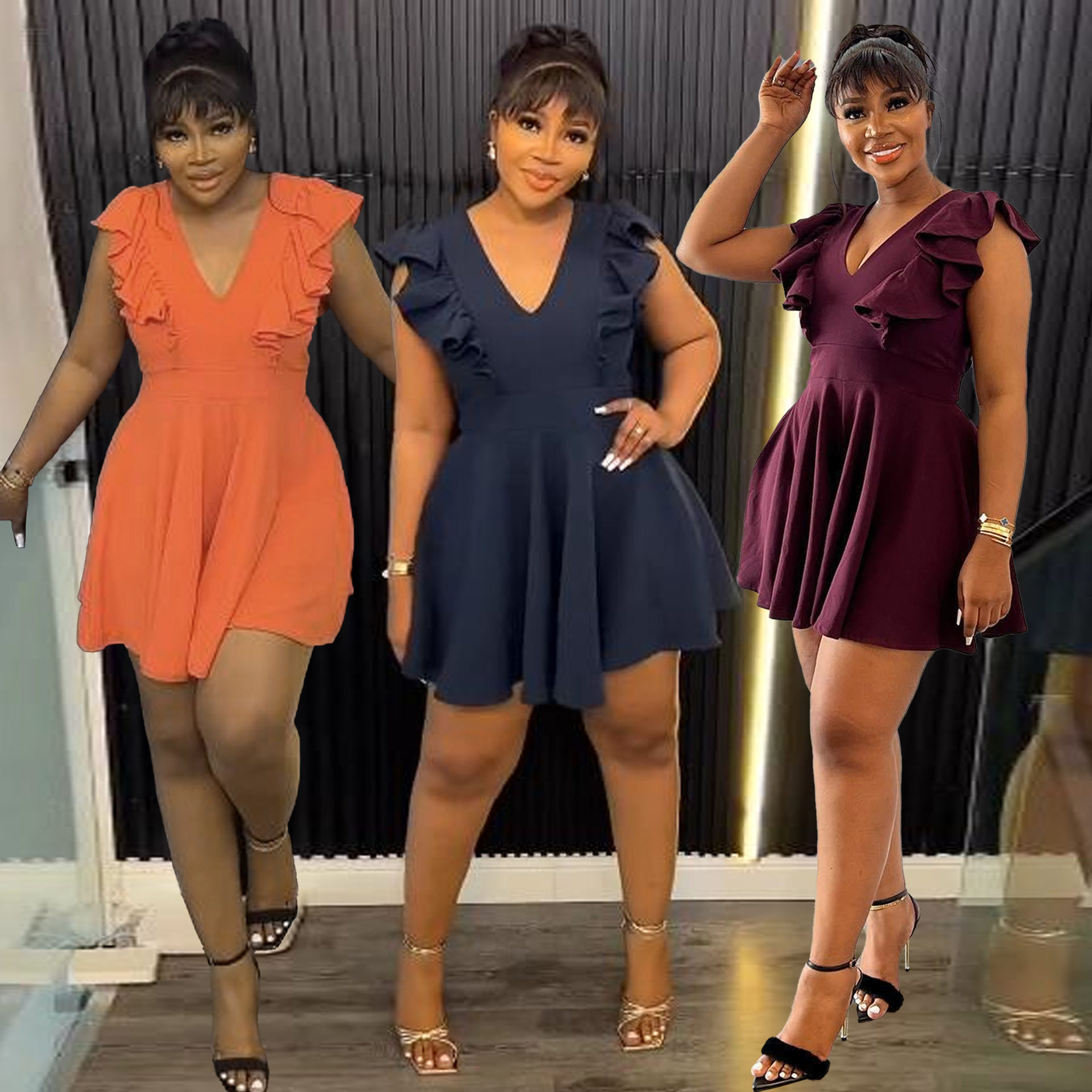 V领木耳花边收腰阔腿连体