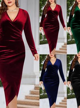 45xL Plus size sexy deep V women's velvet dress大码天鹅绒裙