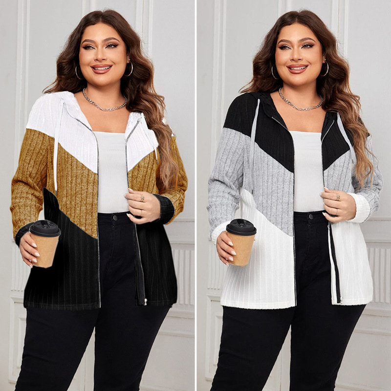 XL-4XL women coat casual ladies tops大码条纹宽松连帽开衫外套