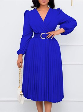 autumn winter women dresses ladies skirt秋冬百褶中长款连衣裙