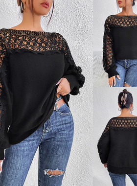 women sweaters autumn fashion sexy ladies tops 蕾丝花边拼接