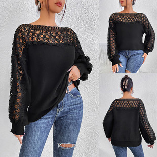 women sweaters autumn fashion sexy ladies tops 蕾丝花边拼接