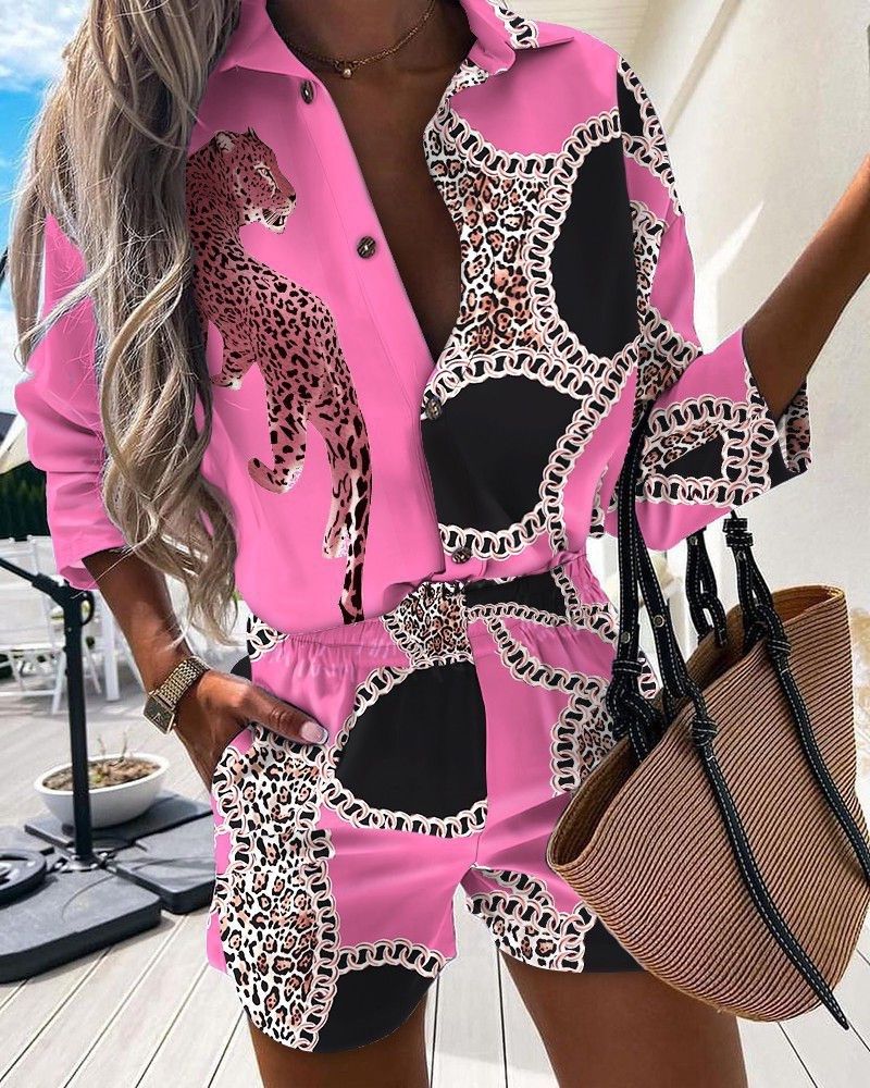 New Fashion Print Button Design Shirt Shorts Set印花衬衫套装