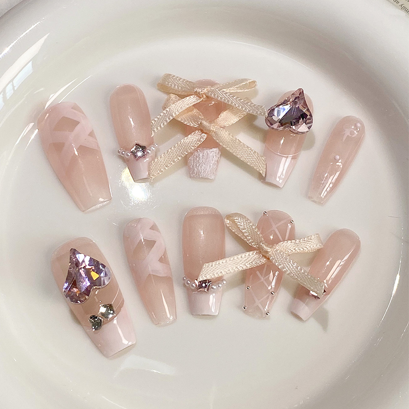 lovefix纯手工穿戴甲长T法式纯欲风冰透裸粉极光爱心钻丝带蝴蝶结