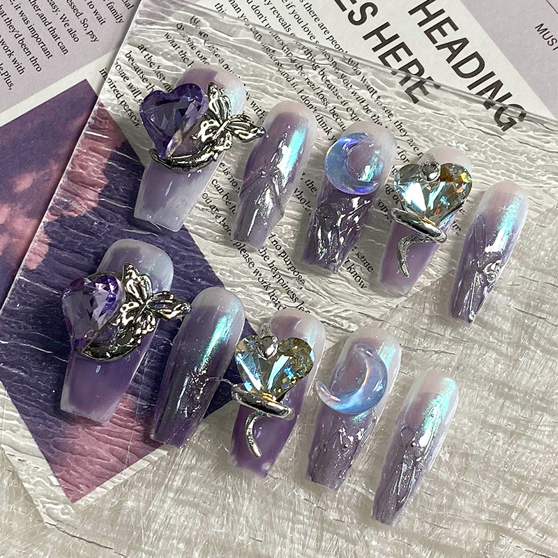 lovefix纯手工穿戴甲长T精致轻奢不规则晕染金属月亮蝴蝶炫光闪钻