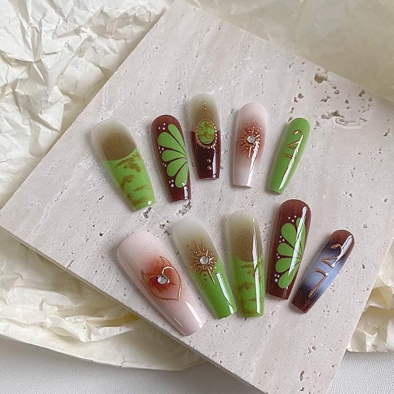 lovefix纯手工穿戴甲长T复古欧美风鎏金绿色蝴蝶甜酷个性显白甲贴