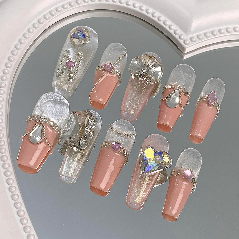 lovefix纯手工穿戴甲长T轻奢重工冰透猫眼爆闪钻钢珠链条气质甲贴