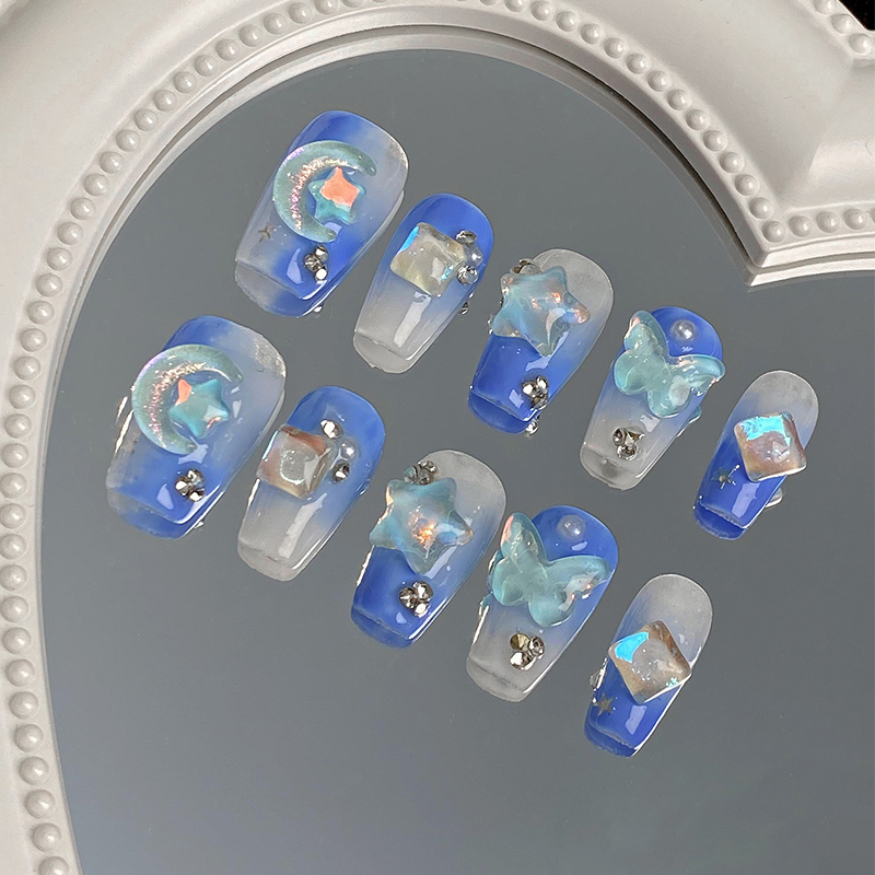 lovefix纯手工穿戴甲中T高级感蓝白晕染立体星月带钻显白气质甲贴