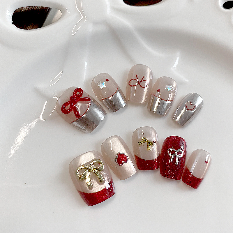 lovefix纯手工穿戴甲短T甜美名媛风裸色猫眼立体蝴蝶结显白美甲贴