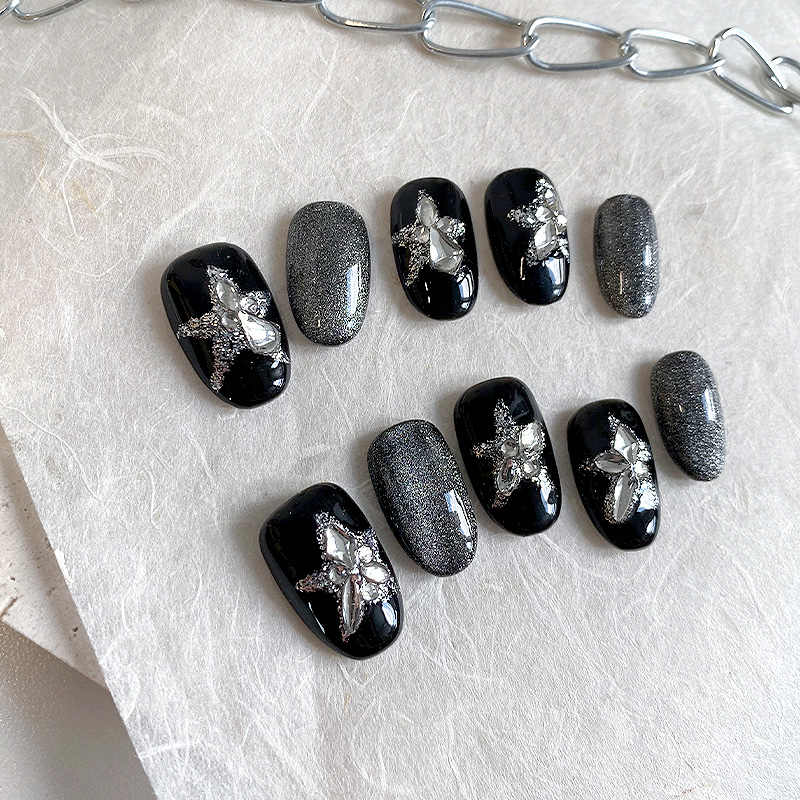 lovefix纯手工穿戴甲短杏仁甜酷辣妹爆闪银猫眼带钻星星显白甲贴