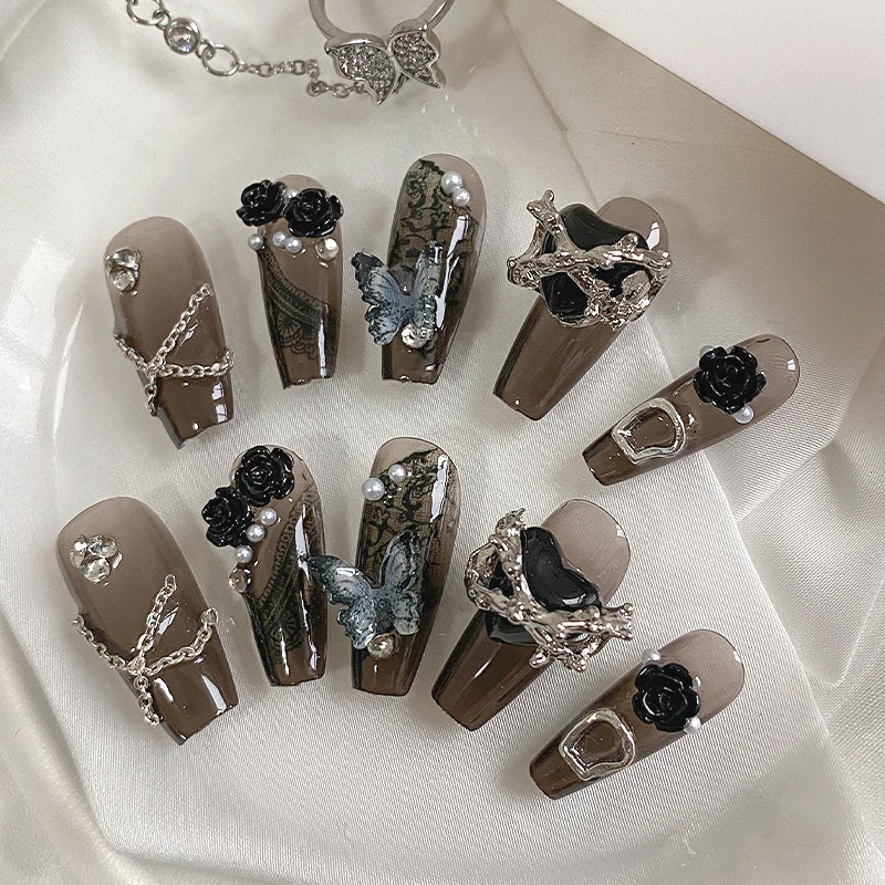 lovefix纯手工穿戴甲中长T高级感冰透茶色荆棘爱心黑色蕾丝美甲贴