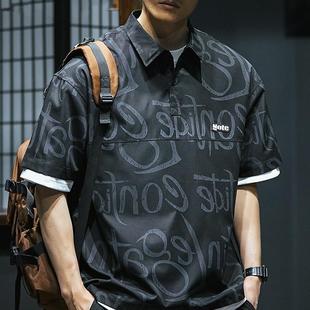印花t恤衬衣 潮牌宽松大码 短袖 polo衫 衬衫 美式 半袖 工装 男夏季 薄款