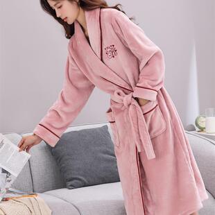 长家装 羊毛衬里加厚珊瑚绒浴袍女式 秋冬法兰绒睡衣套 睡衣冬季 女式