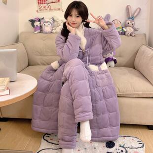 睡衣家居服 可外穿长款 睡袍女秋冬季 珊瑚绒三层夹棉袄加厚加绒冬款