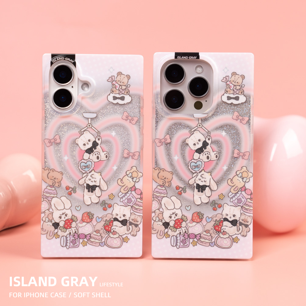灰岛 爱心娃娃方形手机壳 双层印花 适用于苹果iPhone16 15 14 Pro Max 原创设计 可爱涂鸦童趣 小众创意闪粉