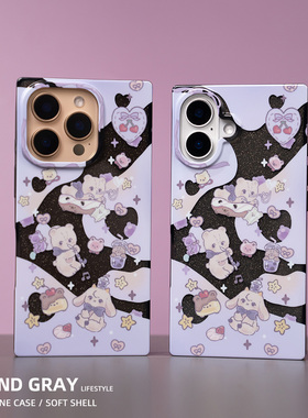 灰岛 紫色羊熊透黑方形手机壳 双层印花 适用于苹果iPhone16 15 14 Pro Max 原创设计 可爱甜美少女 小众高级