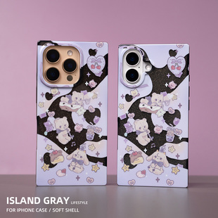 Pro 小众高级 双层印花 可爱甜美少女 原创设计 Max 适用于苹果iPhone16 紫色羊熊透黑方形手机壳 灰岛