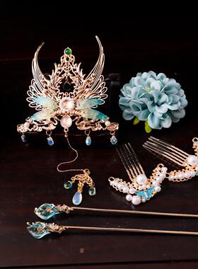 唐风敦煌飞天发冠发饰套装组合蓝色花朵小公主可爱风烧蓝压鬓