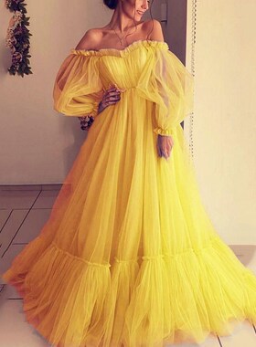 One-shoulder gauze wedding party dress一字肩网纱长款婚纱礼服