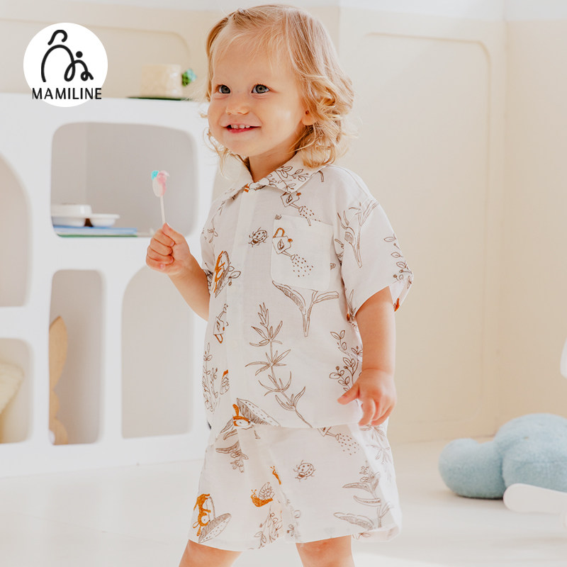 MAMLINE双层纱婴童家居服套装可爱印花短袖短裤男女宝宝睡衣夏季
