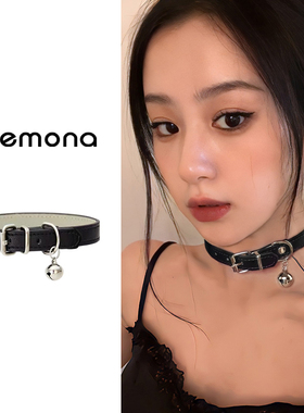 黑色百搭项链小众独特choker皮质项圈小铃铛甜酷辣妹颈链气质配饰