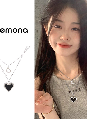黑色叠戴爱心项链女甜酷冷淡风双层吊坠颈链小众高级感锁骨链配饰