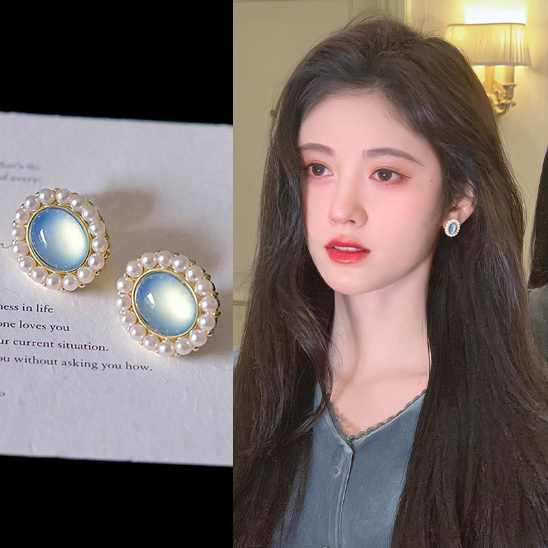 复古港风猫眼耳钉女法式蓝色气质珍珠款耳环简约小众设计精致耳饰,饰品/流行首饰/时尚饰品新,耳钉,淘宝优惠券,粉丝福利购,淘宝优惠卷
