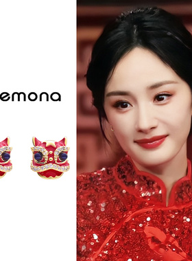 国风红色醒狮耳夹女轻奢高级新款无耳洞耳环中式喜庆独特新年耳饰