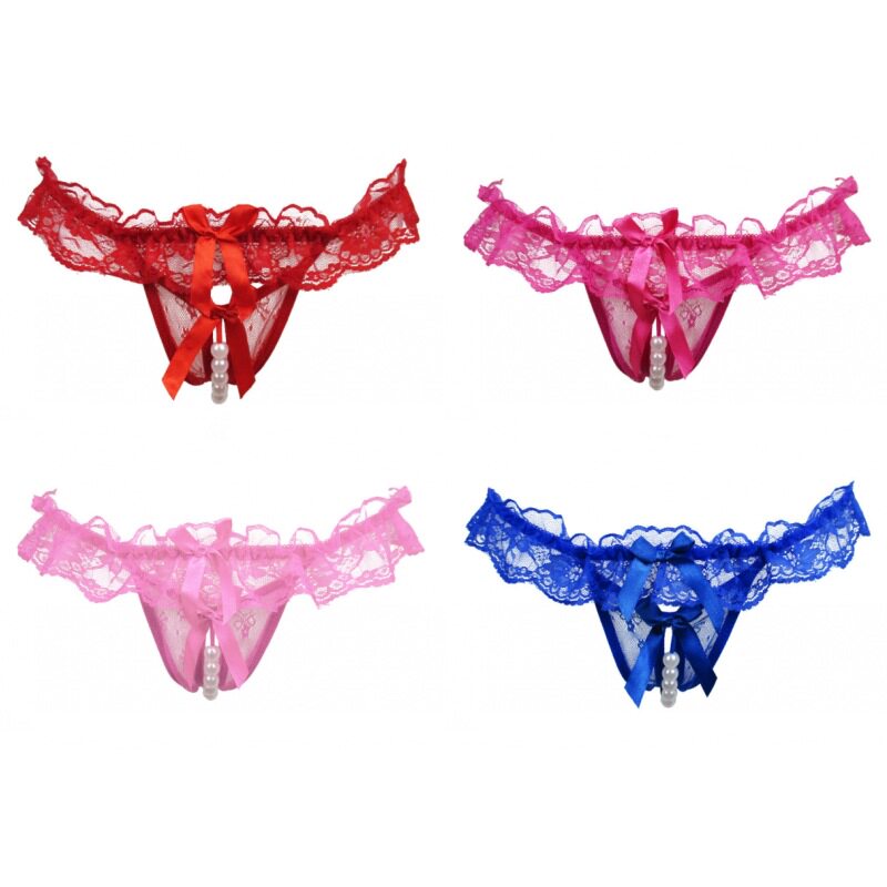 沫俪甜蕾丝透明丁字裤网纱按摩珍珠内裤性感情趣超薄全透三角裤女