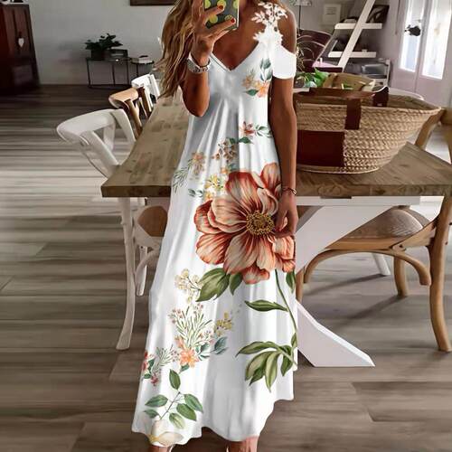 A-Line Short Sleeve Beach Dress Female RobeA字短袖沙滩裙长袍