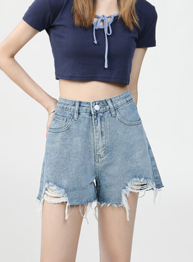 ripped denim shorts with rough edges百搭破洞毛边牛仔短裤热裤