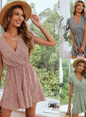 Green Leopard V-Neck Wide-Leg Jumpsuit绿色豹纹v领阔腿连体裤