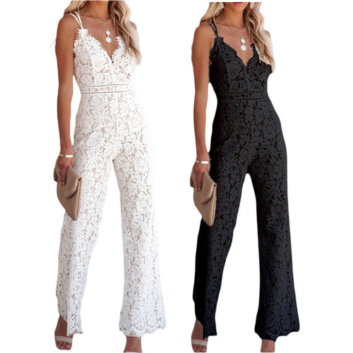 Solid Color Lace Open Back Wide-leg Jumpsuits纯色蕾丝露背女