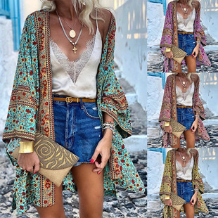 2022 new Kimono Casual Loose Beach Tops Vintage Long Sleeve
