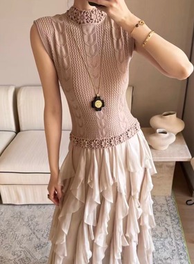TE noneto绝美设计感针织钩花拼接荷叶边连衣裙收腰显瘦仙气长裙