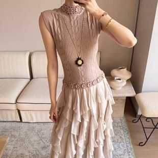 TE noneto绝美设计感针织钩花拼接荷叶边连衣裙收腰显瘦仙气长裙