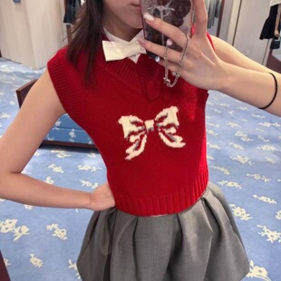 TE shushu圣诞风甜美蝴蝶结提花针织背心修身显瘦叠穿羊毛上衣女