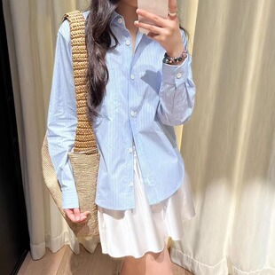 marchen学院风松弛感蓝色条纹长袖衬衫宽松显瘦简约通勤外套上衣