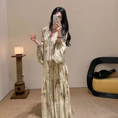 清洗飘逸新中式茶歇系中长裙