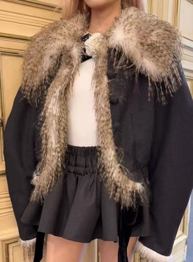 TE Asng设计感廓形外套正反两穿时髦毛绒系皮毛拼接立领夹克上衣
