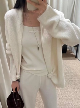 TE swa舒适极简主义穿搭ying2025秋冬慵懒风廓形羊毛扭结针织开衫