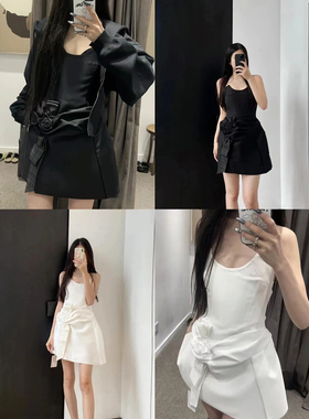 TE marchen时尚气质立体花朵露肩连衣裙纯欲风抹胸白天鹅收腰短裙