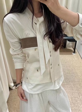 TE marchen淡人秋冬叠穿古典刺绣碎花飘带衬衫设计感通勤长袖上衣