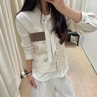 TE marchen淡人秋冬叠穿古典刺绣碎花飘带衬衫设计感通勤长袖上衣