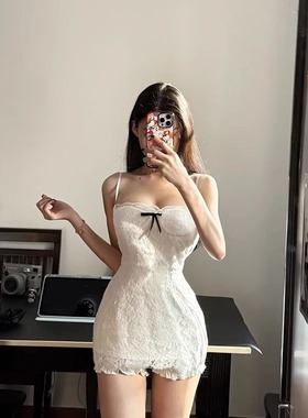 TE shushu蕾丝边饰混纺拼接双层吊带连衣裙蝴蝶结收腰显瘦A字裙子